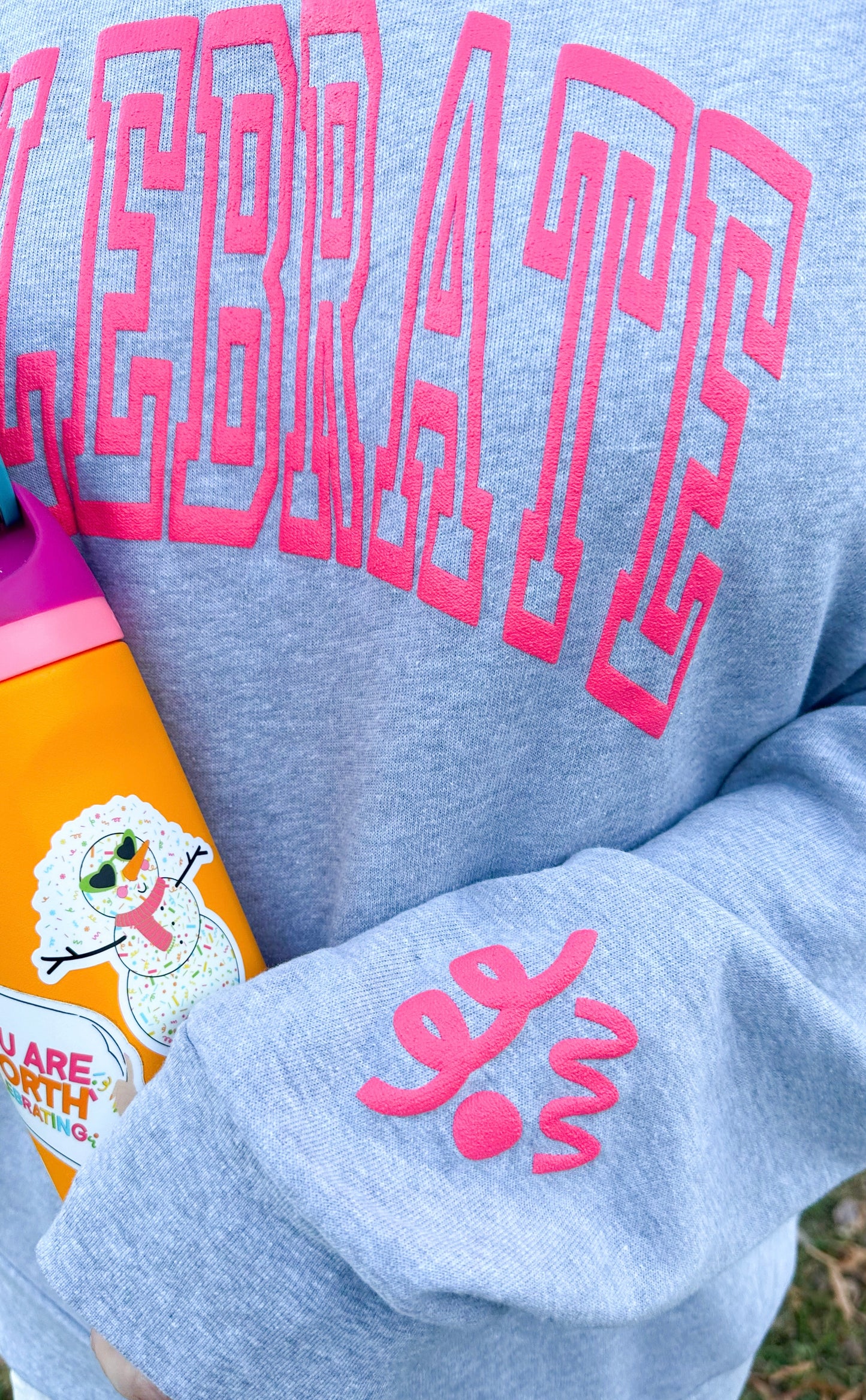 Celebrate Puff Print Crewneck (Pink and Gray)