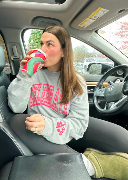 Celebrate Puff Print Crewneck (Pink and Gray)